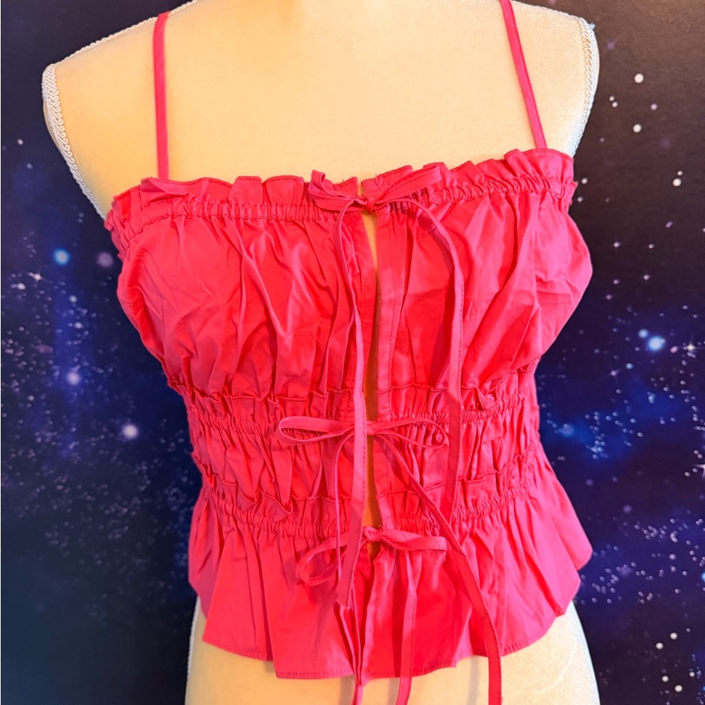 Pink Ruched Tie-Front Spaghetti Strap Top